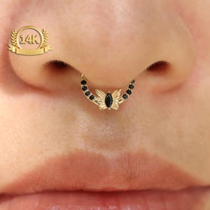 14K Solid Gold CZ Butterfly Daith Earring| 16G Hinged Septum Clicker| Helix Earring| Tragus Earrings| Cartilage Hoop| Black CZ Body Jewelry