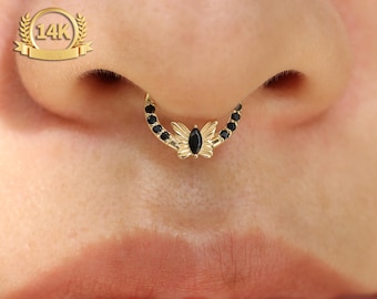 14K Solid Gold CZ Butterfly Daith Earring| 16G Hinged Septum Clicker| Helix Earring| Tragus Earrings| Cartilage Hoop| Black CZ Body Jewelry
