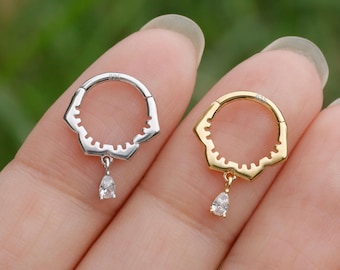 Moissanite Dangle Flower Septum Ring/Sterling Silver Septum Piercing Jewelry/ 16G Daith Hoop Earring/8mm Helix Tragus Cartilage Hoop Earring