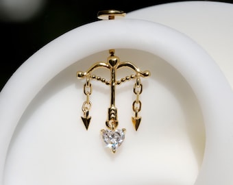 Cupido's pijl hart hanger verticale helix oorbel: 18 kt goud geplateerd 925 zilver, draadloos push-in kraakbeen, ketting verborgen torenpiercing