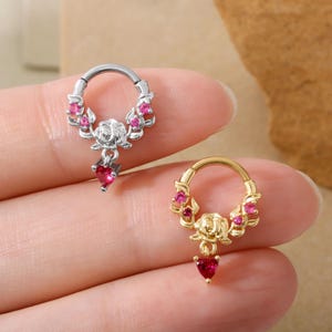 Bloom&gt;&gt; 16G Rose & Heart Septum Clicker, Dangle Septum Piercing, Flower Helix Hoop Earring, Gold Daith Earring Clicker, Tragus Jewelry Gold