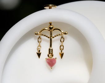 Natural Rose Quartz Cupid’s Arrow Heart Dangle Vertical Helix Earring: 18K Gold Pltated 925 Silver Threadless Push In Cartilage Stud