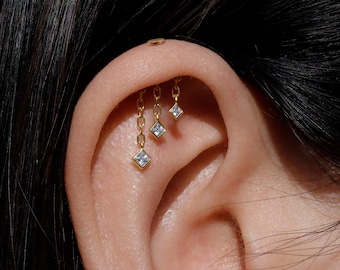 Designed for Vertical Helix Piercings/ Triple Square Stones Dangle Vertical Helix Stud/  Titanium Threadless Flat Back Hidden Rook Jewelry