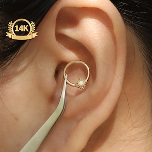 14K Sun Daith Earring, 16G White Opal Daith Hoop, Solid Gold Hoop Earrings, 8mm Cartilage Hoop, Fine Gold Helix Tragus Cartilage Piercings