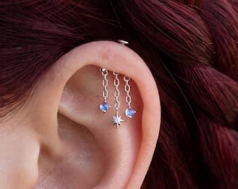 Moonstone Vertical Helix Earring, Celestial Dangle for Hidden Rook, Threadless Push Pin Titanium Back &925 Silver Cartilage Stud Nickel-free