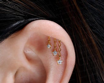 Triple Star Stone Dangle Hidden Helix Jewelry/18K Gold Plated S925 Silver Floating Helix Earrings/Threadless Push Pin Flat Helix Stud 16G18G
