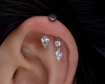 Sparkling Kite CZ Dangle Vertical Helix Piercing, S925 Silver Threadless Push Pin Stud, Titanium Flat Back, Hidden Rook Cartilage Earring