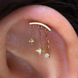 North Star Dangle Hidden Helix Earring in Sterling Silver/ Threadless Floating Helix Piercing Jewelry/ Titanium Flat Back Stud/  Nickel-free