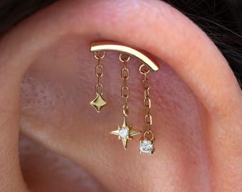 Boucle d'oreille pendante North Star pour piercing hélix, en argent sterling / Bijou de piercing hélix flottant sans filetage / Puce à tige plate en titane / Sans nickel