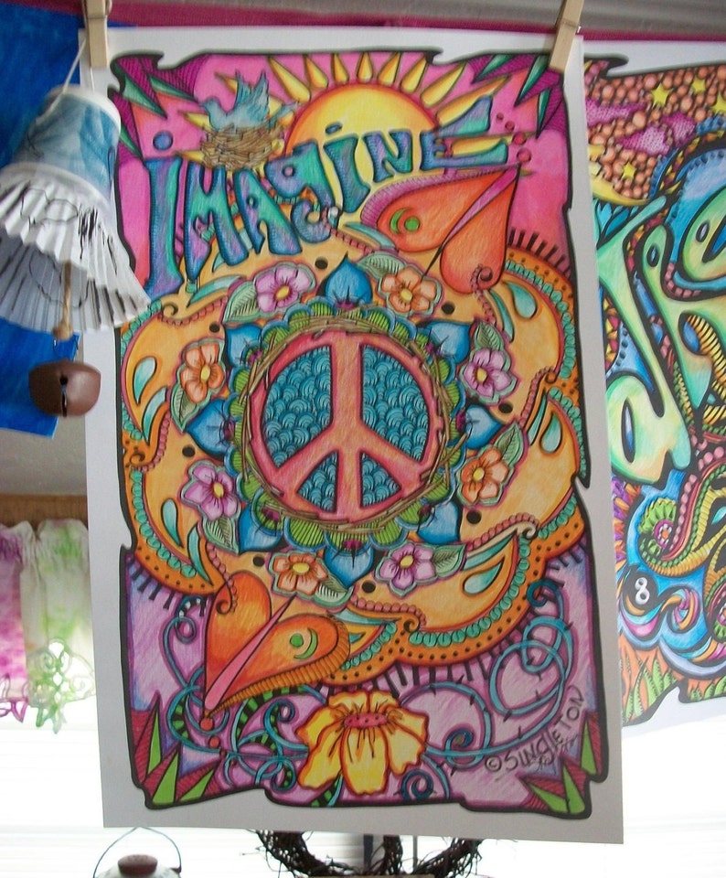 Imagine Peace and Love Singleton Hippie Art Poster Fully | Etsy