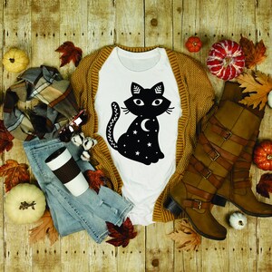 Black Cat Kitty  T-Shirt  Witch Witchy Spooky Celestial Halloween Lover Gift For Friend