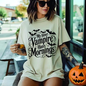 Vampire T-Shirt My Inner Vampire Hates Mornings Spooky Vibes Halloween Summerween  Funny Gift For Friend