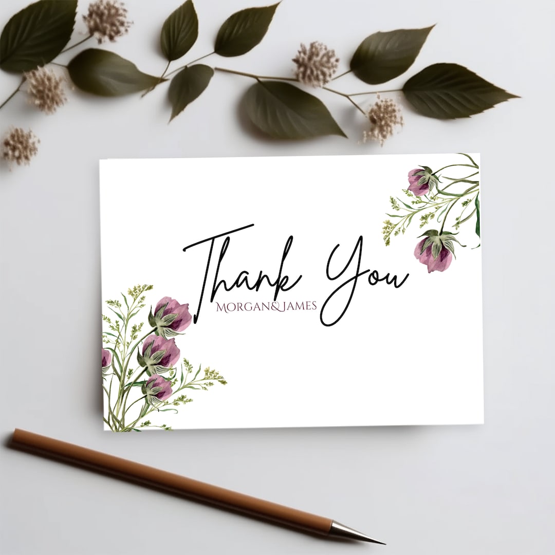Editable Wedding Shower Thank You Notes in Pink and Purple Wildflowers ...