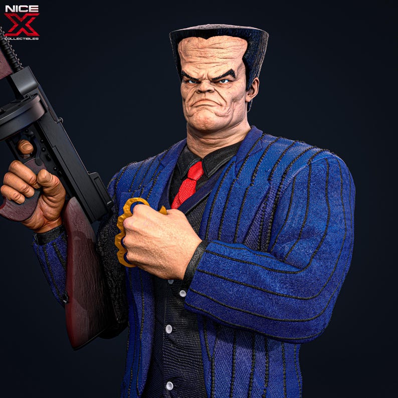 May include: A blue and black striped suit jacket with a red tie. The person wearing the jacket has a large forehead and a serious expression. They are holding a gun in one hand and a brass knuckle in the other.