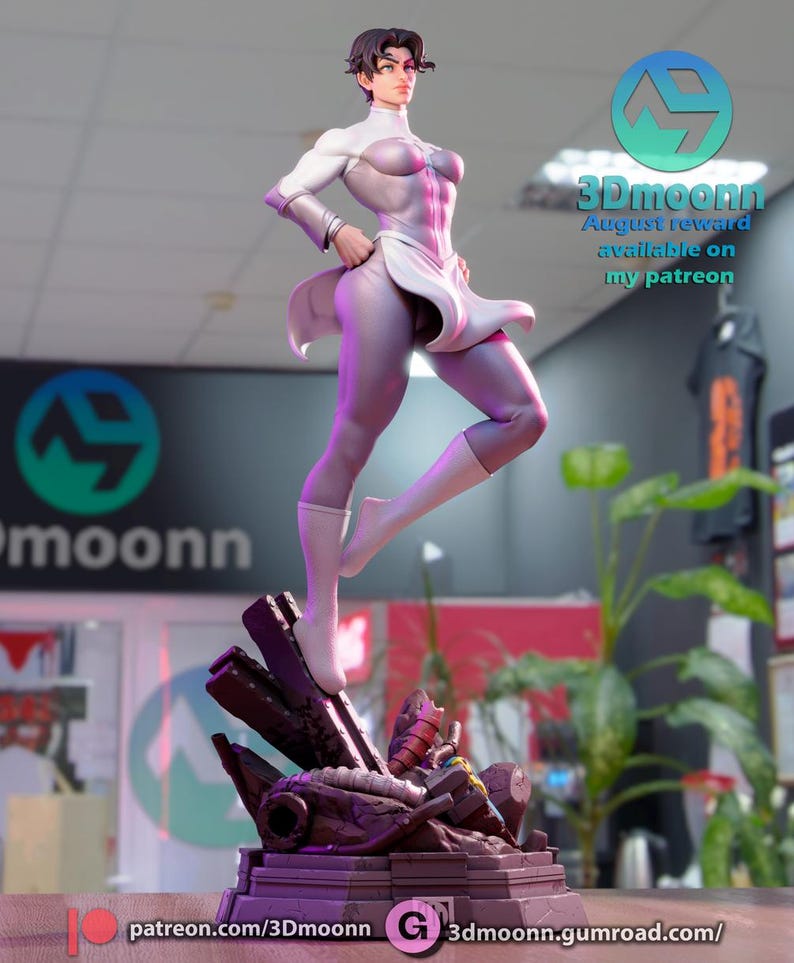 Puede incluir: Una figura de acci&oacute;n blanca y morada de una mujer en una pose de superh&eacute;roe, de pie sobre una base rocosa. La figura lleva un traje blanco y morado con una capa blanca. La figura est&aacute; en pose con una pierna levantada y un brazo extendido. La figura est&aacute; de pie sobre una base rocosa con un esquema de color gris y marr&oacute;n. La figura es un modelo impreso en 3D. El texto "3Dmoonn August reward available on my patreon" es visible en la imagen.