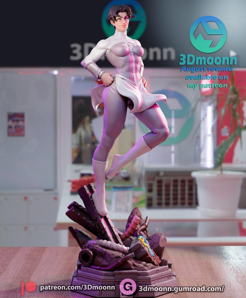 Puede incluir: Una figura de acci&oacute;n blanca y morada de una superhero&iacute;na femenina de pie sobre una base de concreto rota. La figura tiene un traje blanco y morado con una capa blanca. La figura est&aacute; en una pose de acci&oacute;n din&aacute;mica. La figura es parte de un kit de modelo impreso en 3D. El texto "3Dmoonn August reward available on my patreon" es visible en la imagen.