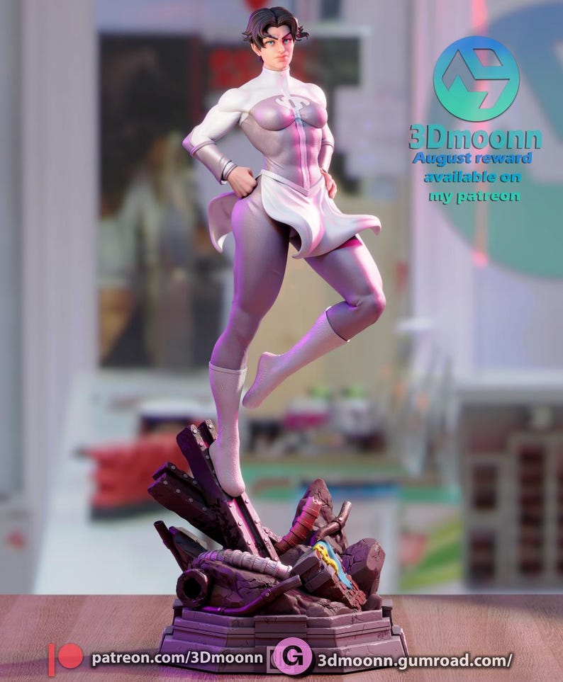 Puede incluir: Una figura de acci&oacute;n de superh&eacute;roe femenina blanca y morada de pie sobre una base de concreto rota. La figura tiene un traje blanco y morado con una capa blanca. La figura est&aacute; en una pose de acci&oacute;n din&aacute;mica. La figura es parte de un kit de modelo impreso en 3D.