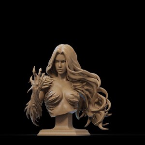 May include: A bust sculpture of a woman with long flowing hair. The sculpture is made of a light brown material and has a detailed design. The woman's face is sculpted with a serious expression and her hair is flowing behind her. The sculpture is mounted on a small base.