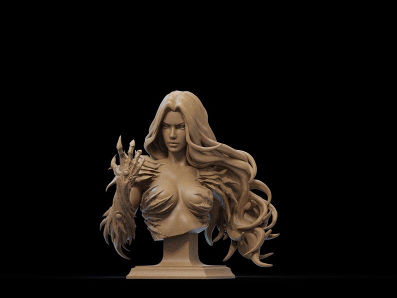 May include: A bust sculpture of a woman with long flowing hair. The sculpture is made of a light brown material and has a detailed design. The woman's face is sculpted with a serious expression and her hair is flowing behind her. The sculpture is mounted on a small base.