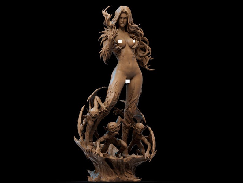 May include: A nude female figure sculpture with long flowing hair and a detailed, textured surface. She stands on a base with three smaller figures, each with wings and horns. The sculpture is made of a light brown material.