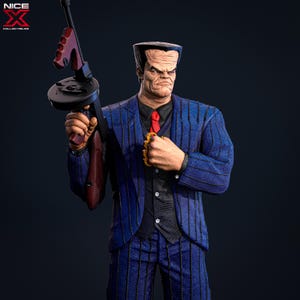 May include: A blue and black pinstripe suit with a red tie and a gold knuckle duster. The figure is holding a black and brown machine gun.