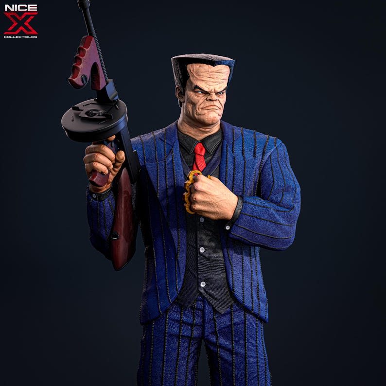 May include: A blue and black pinstripe suit with a red tie and a gold knuckle duster. The figure is holding a black and brown machine gun.