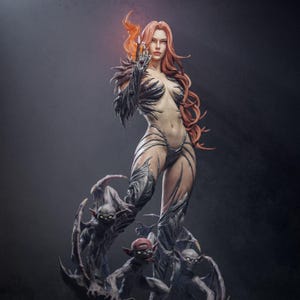 May include: A female figure with long red hair and a black and silver costume stands with her hand raised. She is surrounded by four small, winged creatures with gray skin.