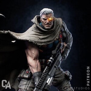 May include: A gray and black action figure of a superhero with a white, shaved head, wearing a gray hooded cloak and holding a black rifle. The figure has glowing orange eyes and a red X on its chest.