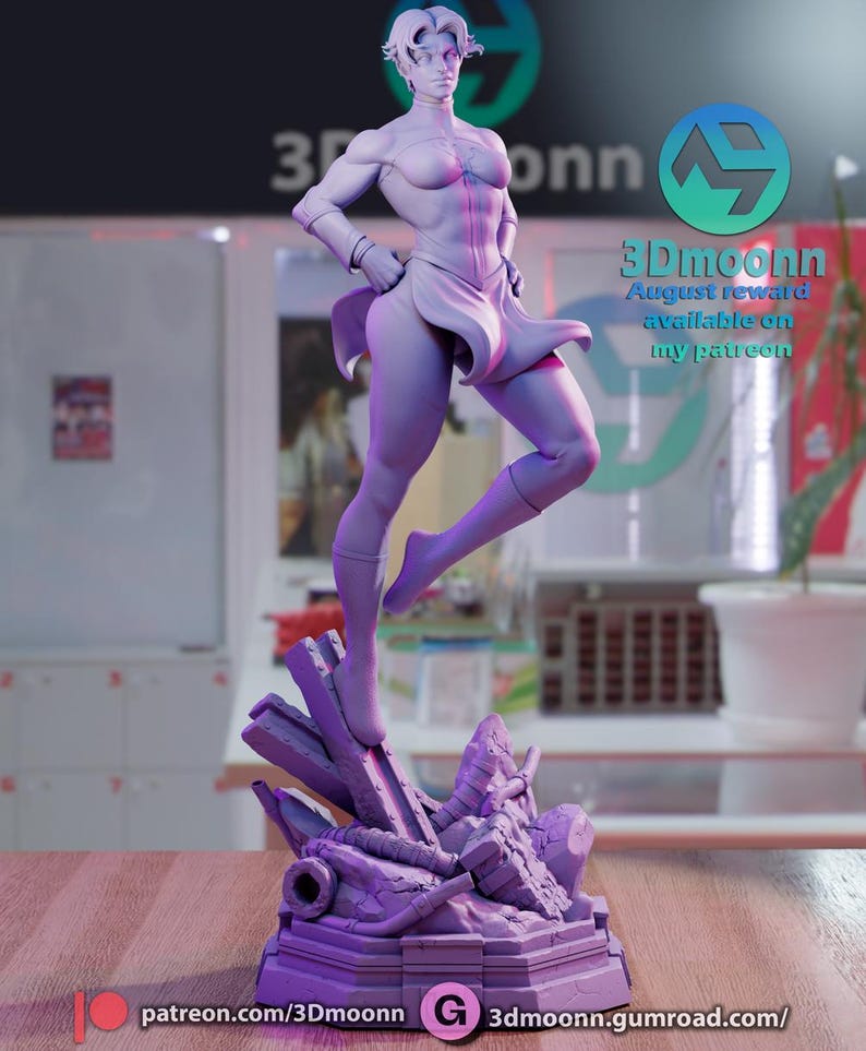 Puede incluir: Una figura impresa en 3D de color morado de una superhero&iacute;na femenina de pie sobre una base de concreto rota. La figura est&aacute; en pose con una pierna levantada y la otra doblada. La superhero&iacute;na lleva una falda corta y una capa. El texto "3Dmoonn August reward available on my patreon" es visible en el fondo.
