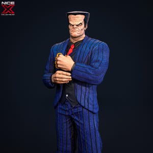 May include: A blue pinstripe suit with a black vest and a red tie. The suit is worn by a figure with a large head and a serious expression.