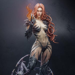May include: A female figure with long red hair, wearing a black and gray costume with intricate details. She has a fierce expression and is holding a glowing object in her hand.