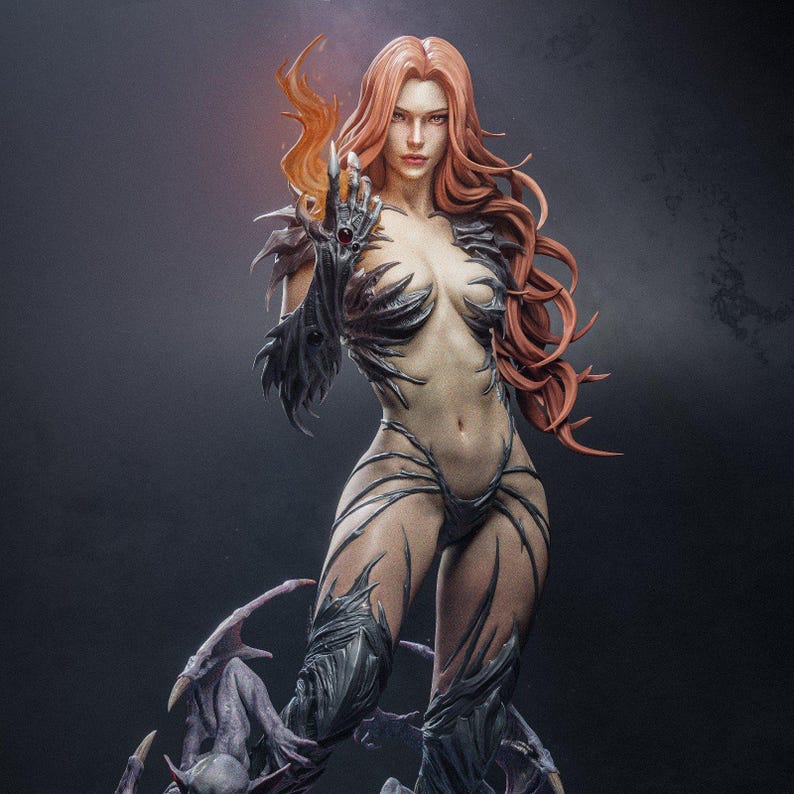 May include: A female figure with long red hair, wearing a black and gray costume with intricate details. She has a fierce expression and is holding a glowing object in her hand.
