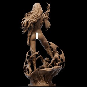 May include: A brown clay sculpture of a female figure with long flowing hair, standing on a base with smaller figures surrounding her. The sculpture is detailed with wings and other decorative elements.