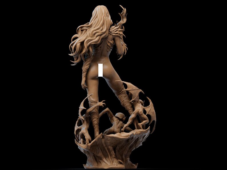 May include: A brown clay sculpture of a female figure with long flowing hair, standing on a base with smaller figures surrounding her. The sculpture is detailed with wings and other decorative elements.