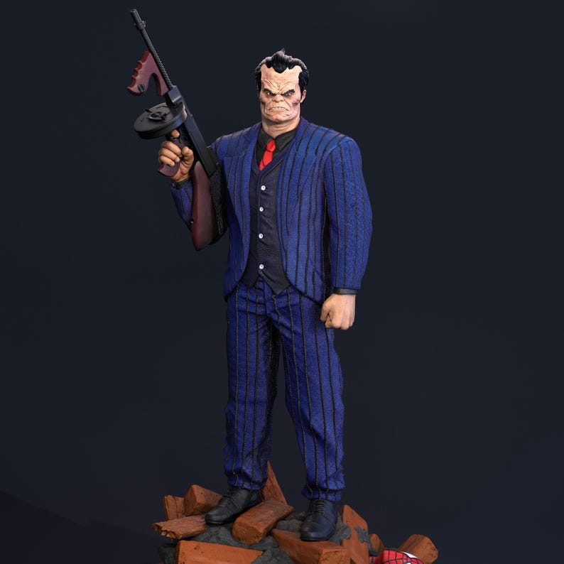 May include: A blue and black striped suit with a red tie and a black vest. The figure is holding a gun in their right hand. The figure is standing on a pile of bricks.