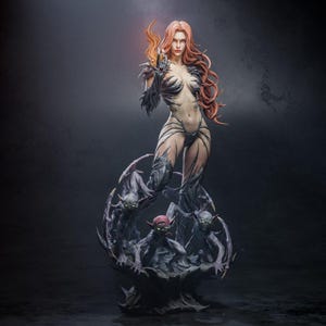 May include: A dark-haired woman with red hair and a black and silver outfit stands on a base with four small creatures. The woman is holding a glowing orb in her hand.