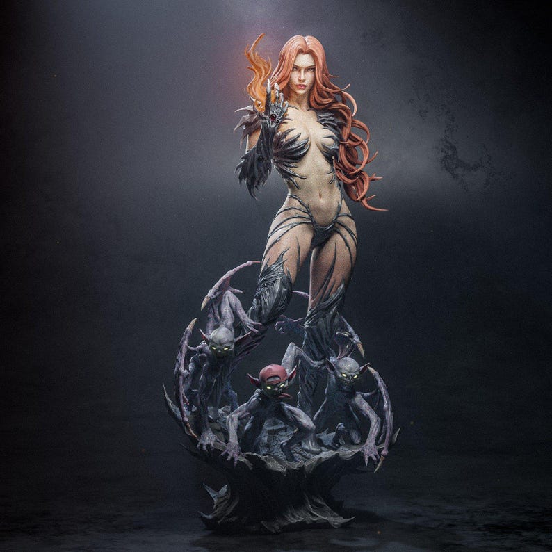 May include: A dark-haired woman with red hair and a black and silver outfit stands on a base with four small creatures. The woman is holding a glowing orb in her hand.