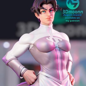 Puede incluir: Una figura impresa en 3D de una persona que lleva un atuendo blanco y rosa con un brazalete plateado. La figura tiene una expresi&oacute;n decidida y est&aacute; posada con las manos en las caderas. El fondo es una imagen borrosa de un dise&ntilde;o colorido. El texto "3Dmoonn August reward available on my patreon" es visible en la esquina superior derecha de la imagen.
