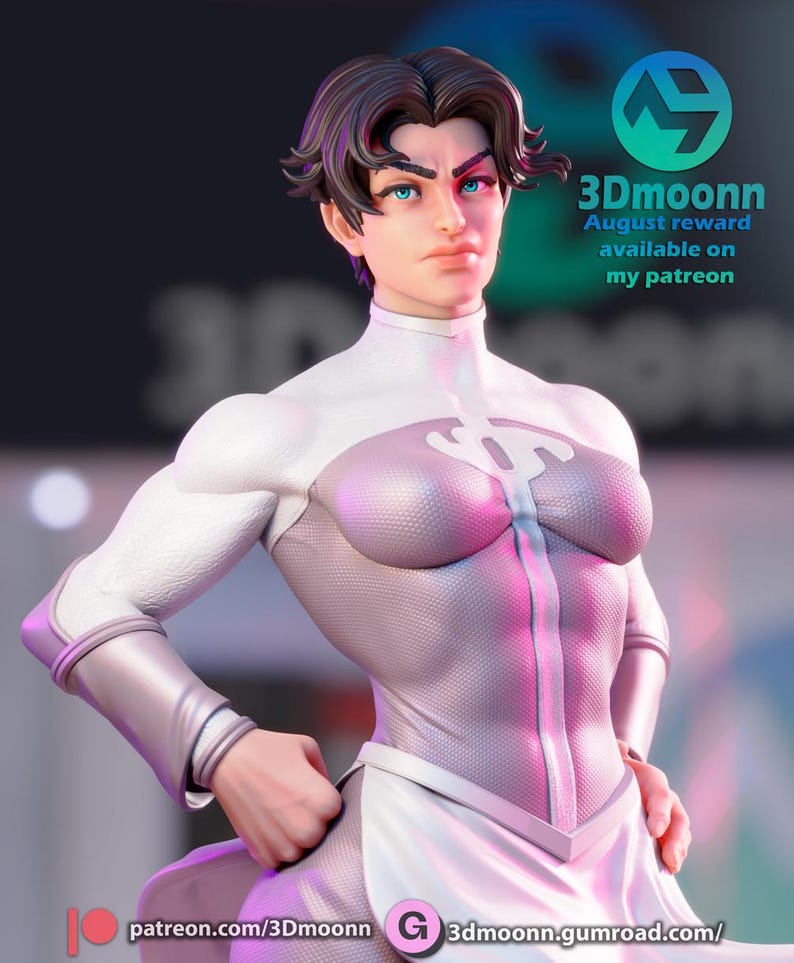 Puede incluir: Una figura impresa en 3D de una persona que lleva un atuendo blanco y rosa con un brazalete plateado. La figura tiene una expresi&oacute;n decidida y est&aacute; posada con las manos en las caderas. El fondo es una imagen borrosa de un dise&ntilde;o colorido. El texto "3Dmoonn August reward available on my patreon" es visible en la esquina superior derecha de la imagen.