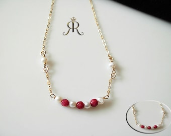 Regal Ruby and freshwater pearl beads bar necklace, July birthstone,Ruby dainty necklace, freshwater pearls with Rubies choker