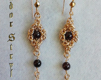 Tudor style Regal Garnet and Freshwater pearls Gold filled dangle earrings/Renaissance Jewelry, Tudor Jewelry
