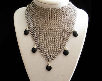 Stainless steel Bib Mesh necklace with genuine Amethyst gemstones- or Black onyx