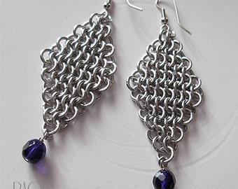 Geometric Chainmaille Earring, Diamond shape Mesh earrings - with Iolite crystals- Medieval Renaissance - Pierced - European 4 in 1