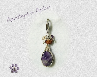Amethyst and Amber holistic pet amulet - Natural tick and fleas repellent and ANXIETY Aid.