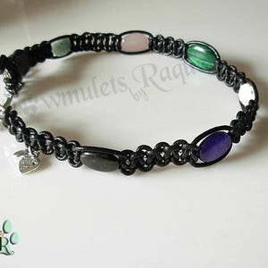 Black Leather Holistic Dog collar necklace with 6 genuine gemstone crystals