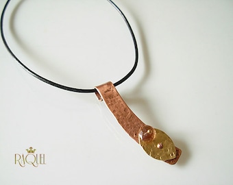 Modern Rustic Mixed Metal Pendant Necklace, hammered by hand, recycled Copper & Brass with Champagne quartz