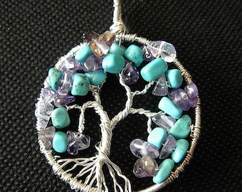 Wisdom and Purification Tree of Life with genuine Arizona blue turquoise and Amethyst