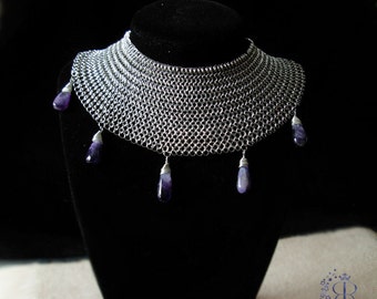 Sophisticated Stainless steel Collar Mesh necklace with genuine gemstones - Amethyst, AB Rock crystals,