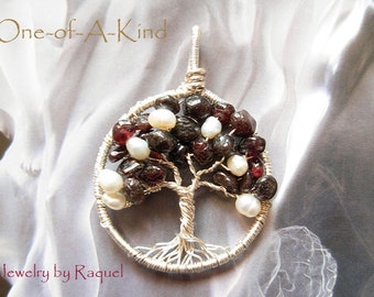 Garnet Tree of Life - January birthstone - The stone of Success- Pearls  - happiness, wisdom, wealth,  prosperity-Pearls and Garnet pendant