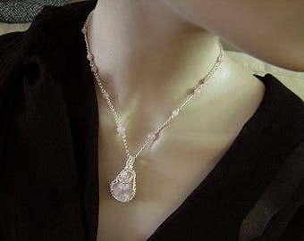 Rose Quartz pendant necklace, Raw pink quartz beaded necklace,